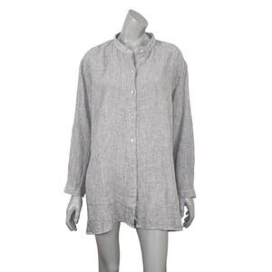 NWOT Eileen Fisher XL Madarin Collar Long Shirt Crinkled Organic Linen stripe
